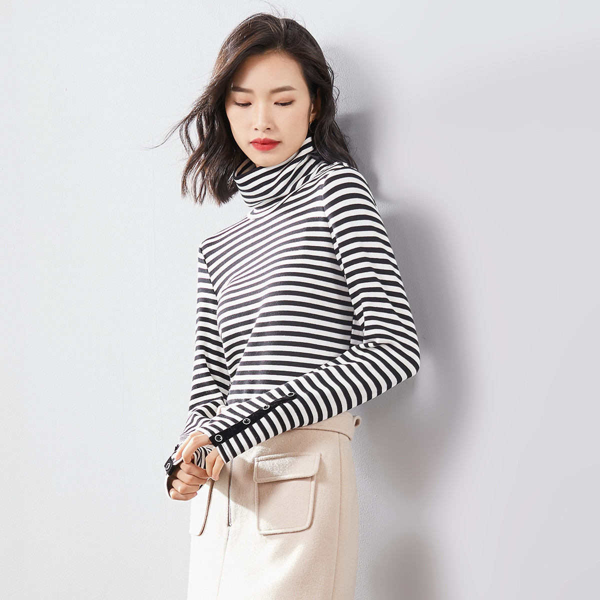 梵希蔓条纹打底衫女长袖2018秋冬套头修身显瘦高领百搭t恤女