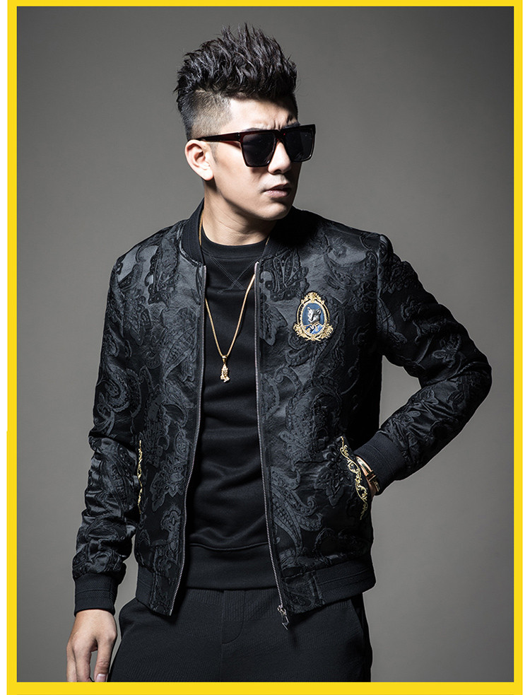 圣希梵春款潮男精致全身印花棒球领男士夹克