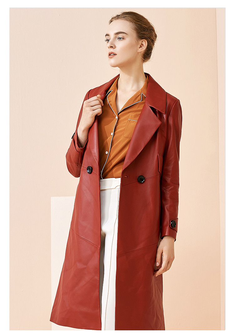 奈蔻红色中长款气质真皮外套女西装领风衣式皮衣秋季新款