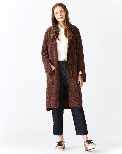 秋装女款 焦茶色绑带连帽开衫针织毛呢外套