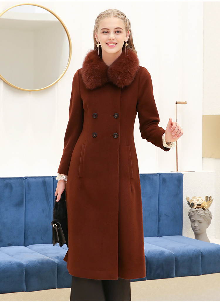 大毛领中长款双排扣毛呢大衣女