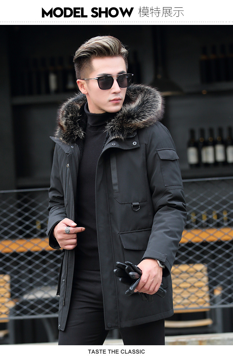 男士中长款兔毛内胆皮草大衣青年派克服冬季保暖大毛领外套男