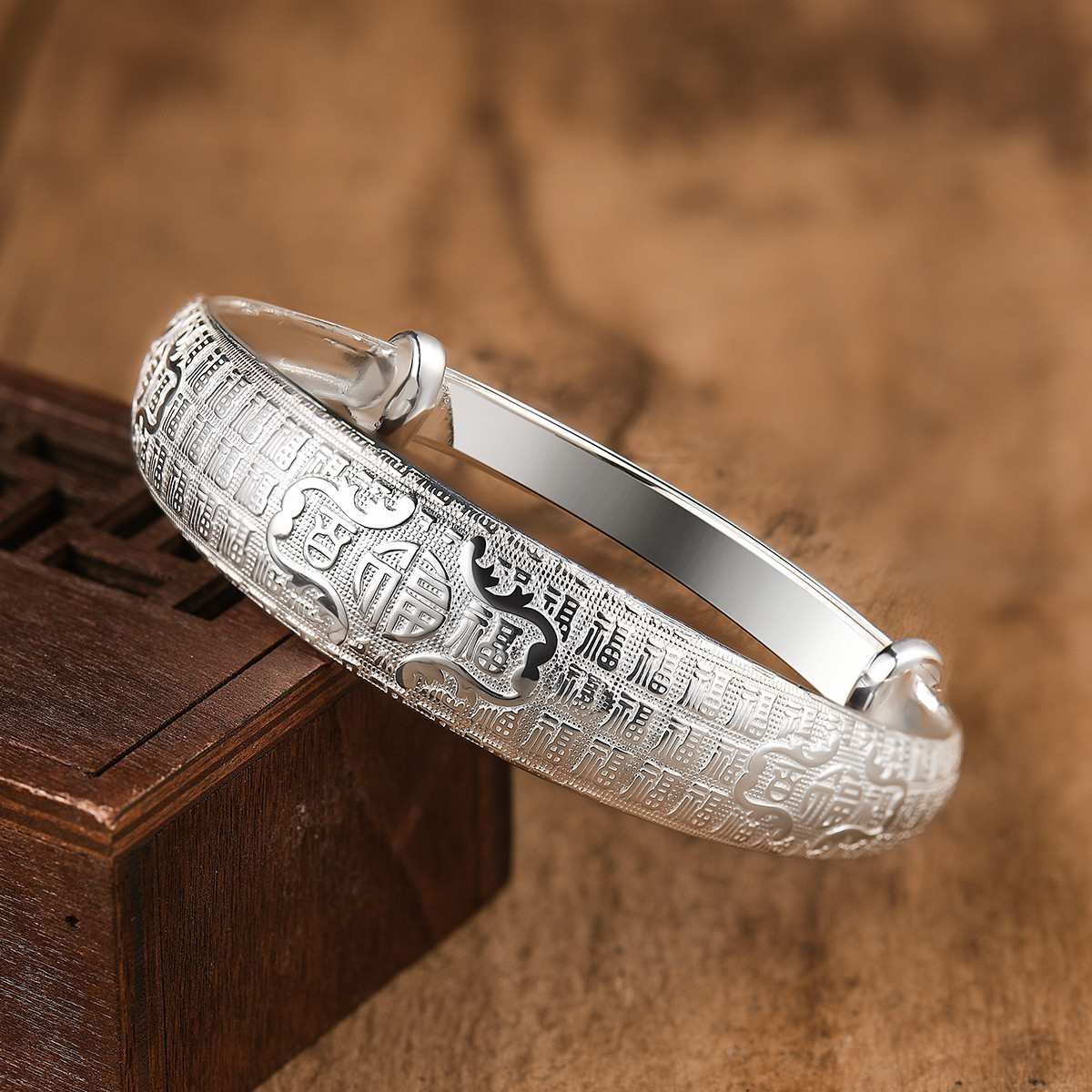 百年宝诚 999足银纯银饰品手镯传统民族风纯银手镯百福福禄福字手镯传