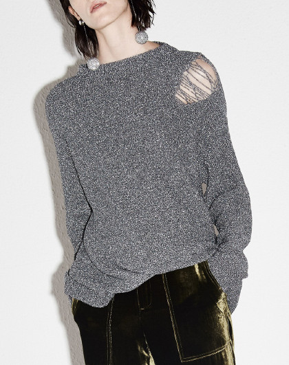 春季女款毛衣宽松套头毛织上衣漏针破洞镂空露背毛衫