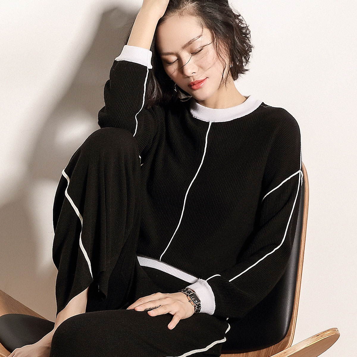 sofa优雅舒适休闲阔腿裤套装2018新款圆领时尚宽松针织两件套春秋衣服