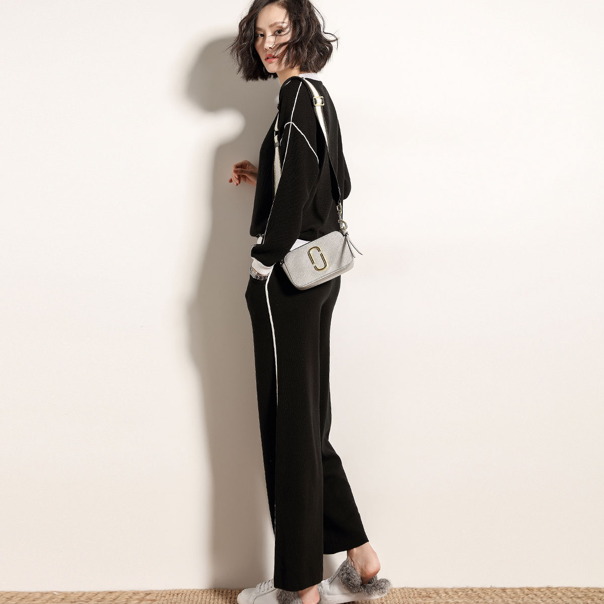 sofa优雅舒适休闲阔腿裤套装2018新款圆领时尚宽松针织两件套春秋衣服