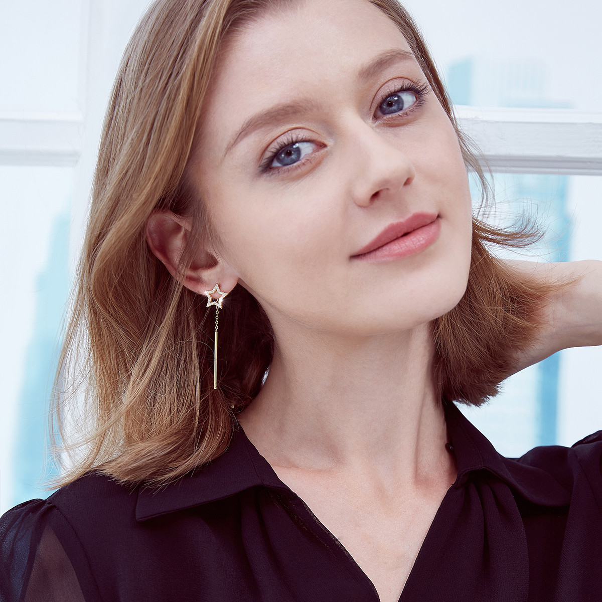 镀14k金小资优雅星星耳环日韩时尚长款耳坠修饰脸型一款双戴明星同款