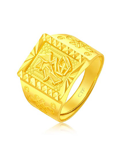 周大福 经典"福"字足金黄金男士戒指
