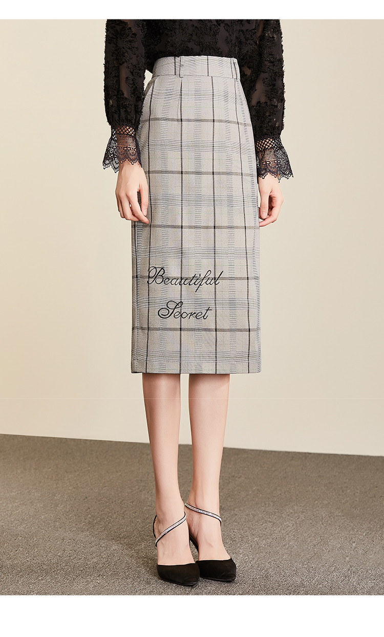 春秋新品女士韩版休闲绣花直筒裙格子中长裙半截裙单裙