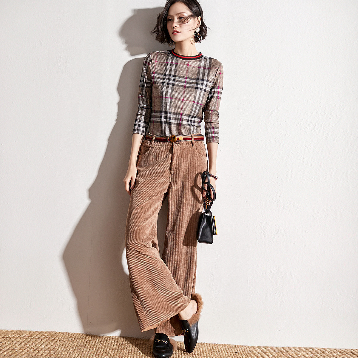 sofa时尚格子印花薄款长袖上衣百搭灯芯绒阔腿裤套装