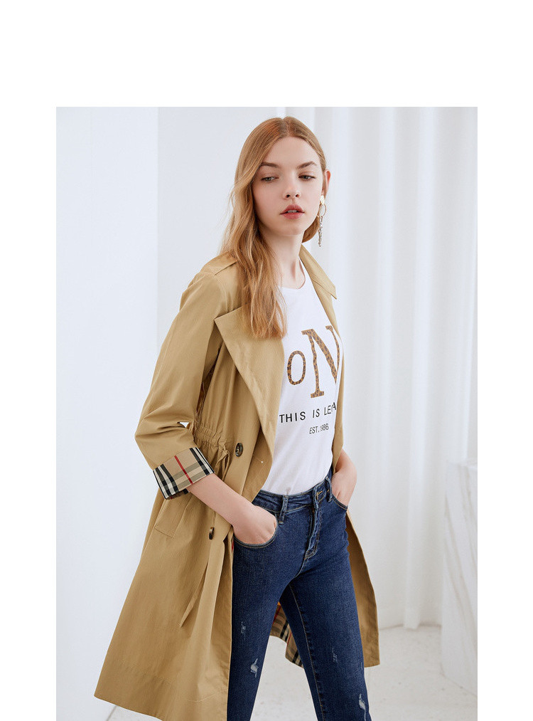 韩版纯色双排扣翻领袖口撞色格纹翻边女中长款风衣外套