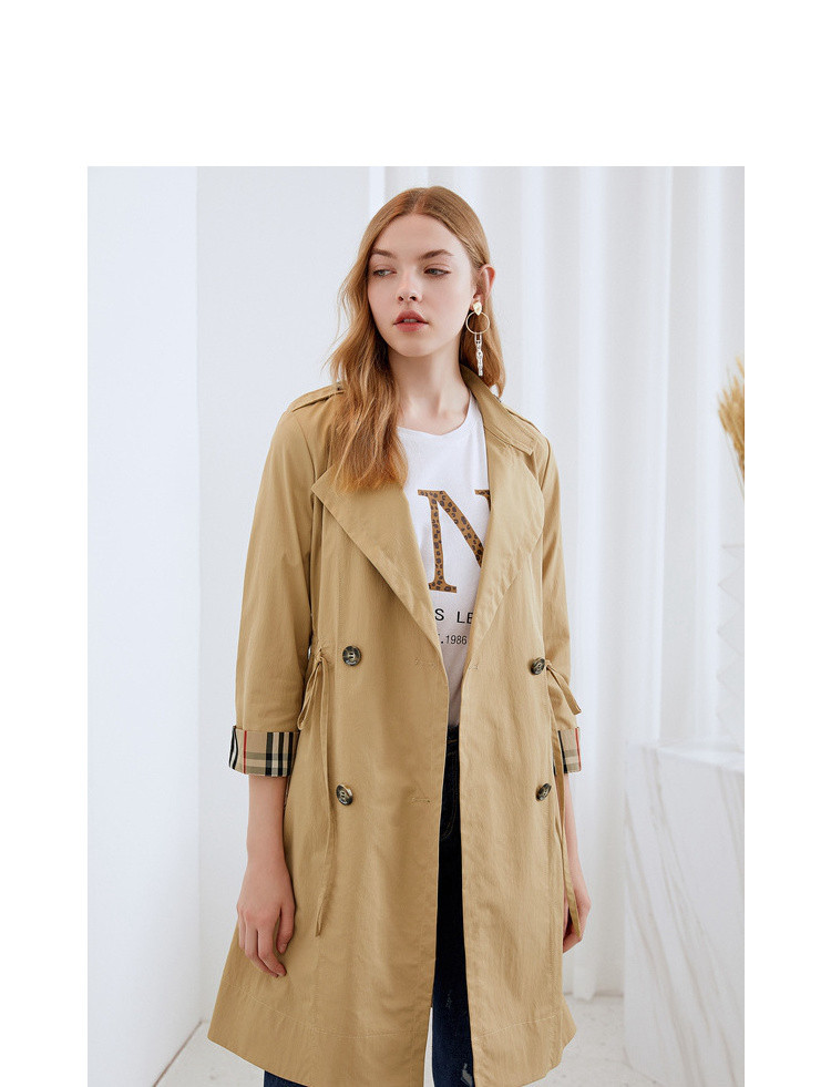 韩版纯色双排扣翻领袖口撞色格纹翻边女中长款风衣外套