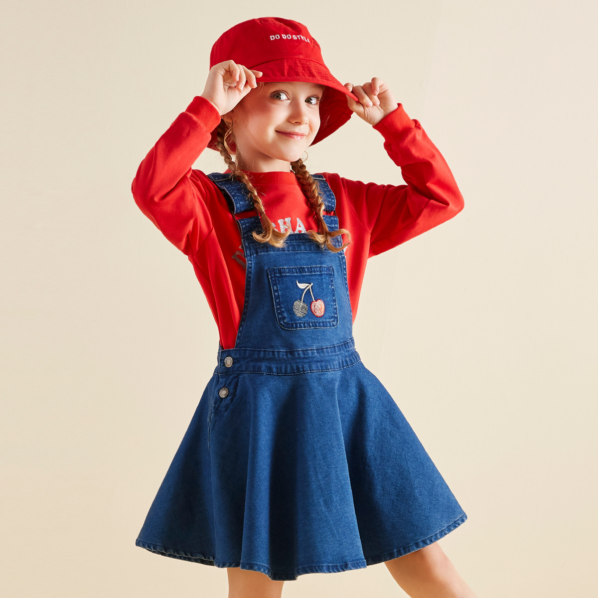 笛莎2019春季新款童装中大童裙子女童樱桃贴布绣牛仔背带裙