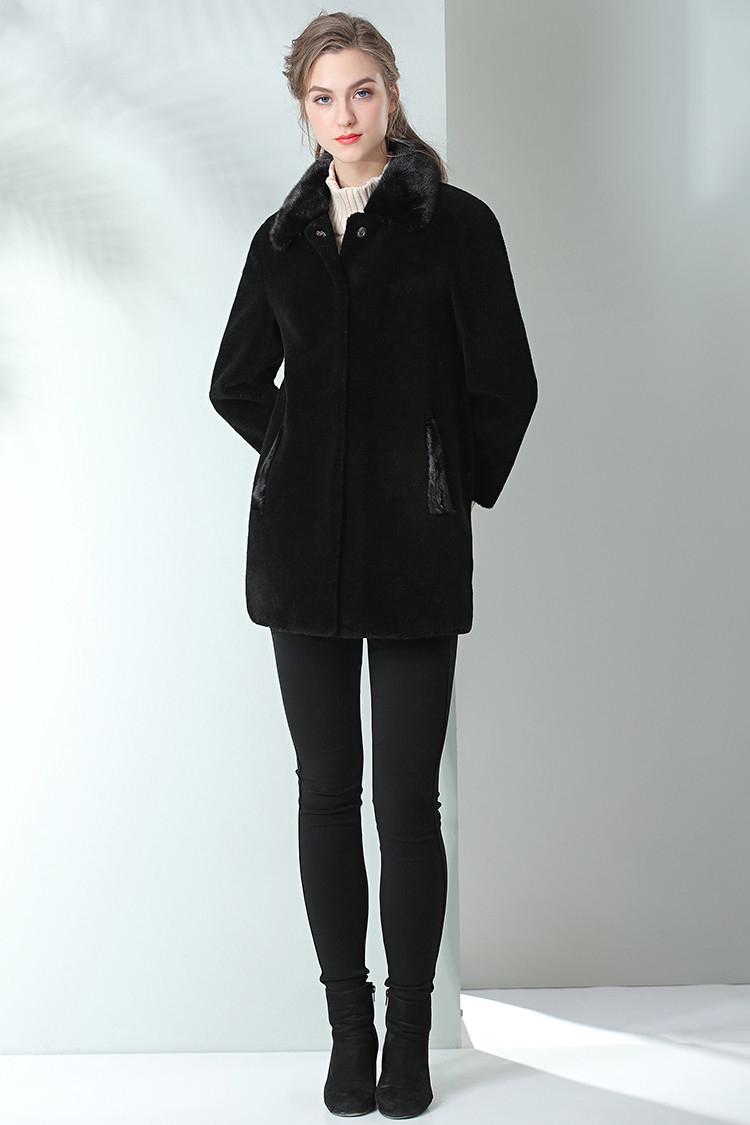 今典女款奢华水貂毛领时尚颗粒绒羊剪绒皮草外套