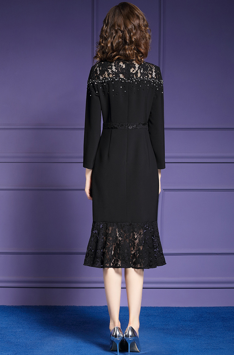 菲梦伊女装秋季新款2019小黑裙钉珠蕾丝拼接显瘦鱼尾连衣裙