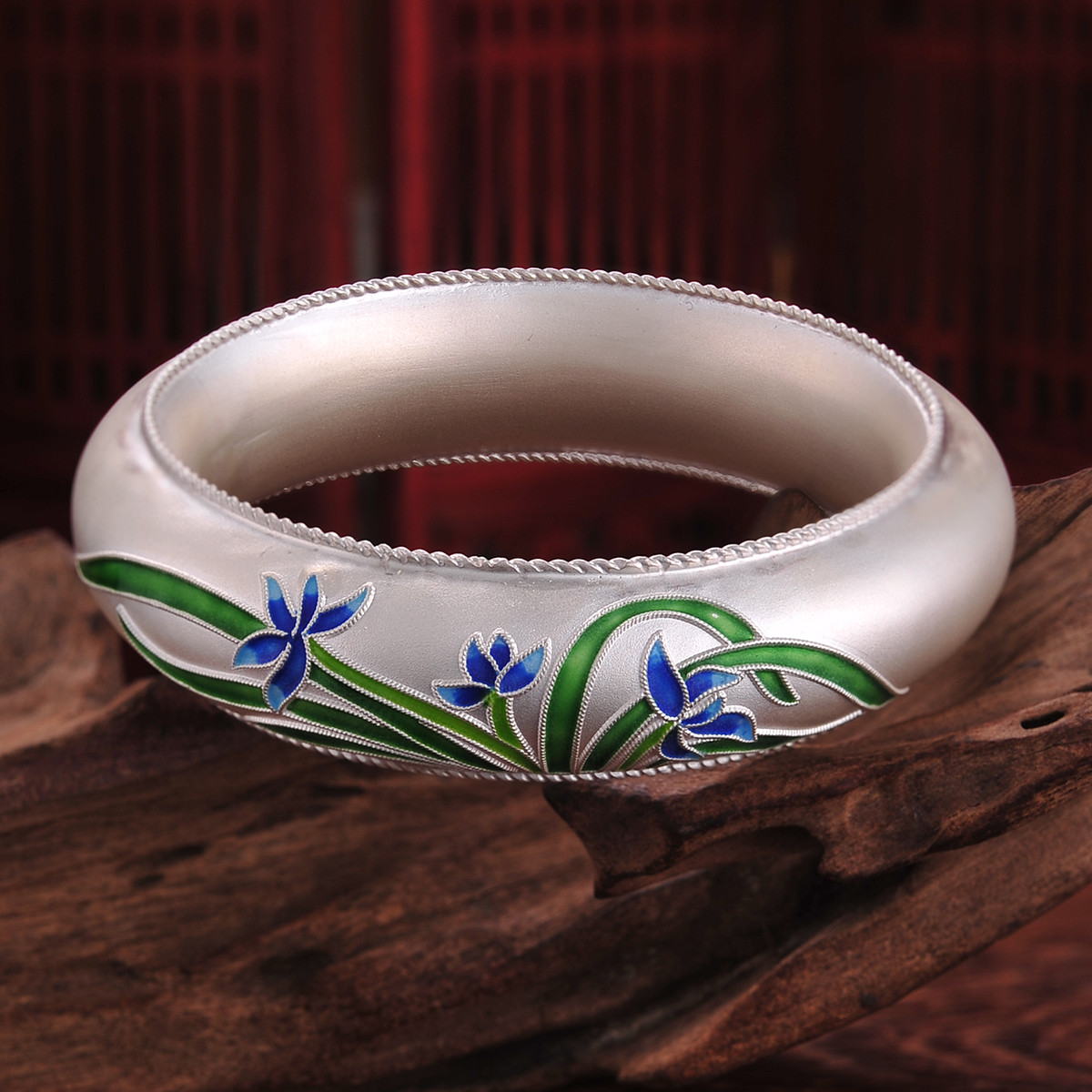 百年宝诚 原创景泰蓝999足银手镯兰花女士纯银手镯妈妈礼物