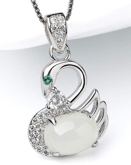 东方翡翠 小天鹅s925银镶嵌和田白玉吊坠/玉坠