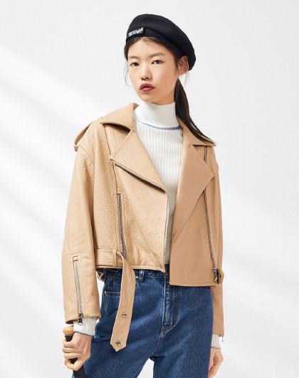 浅驼色外套女2018春季新款长袖pu皮衣时尚休闲夹克上衣太平