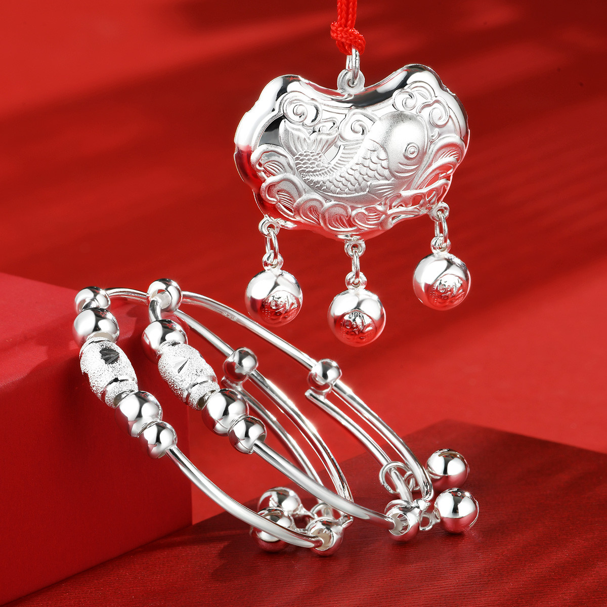 百年宝诚 鱼跃龙门宝宝银饰套装足银民族风儿童纯银饰满月礼物