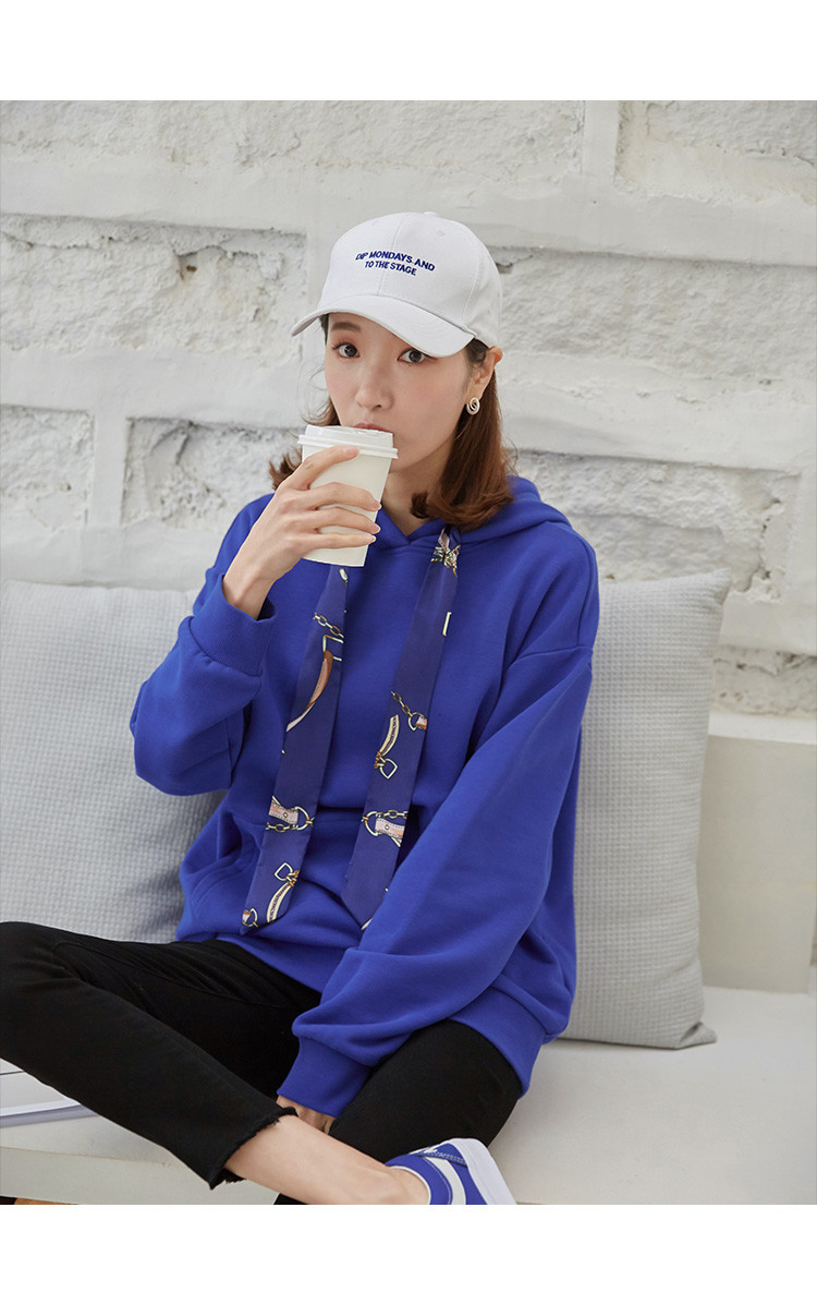 2019春新品韩版个性丝巾绑带蓝色宽松连帽卫衣女款卫衣