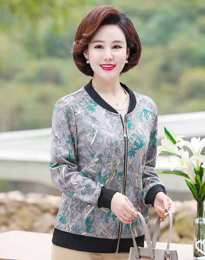 中老年女装春装印花夹克2018新款妈妈装短款外套宽松上衣