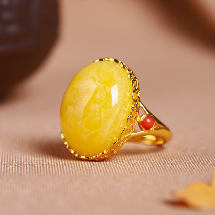 爱华尚 复古红蛋面蜜蜡戒指 天然琥珀宫廷风活扣开口戒指附证书