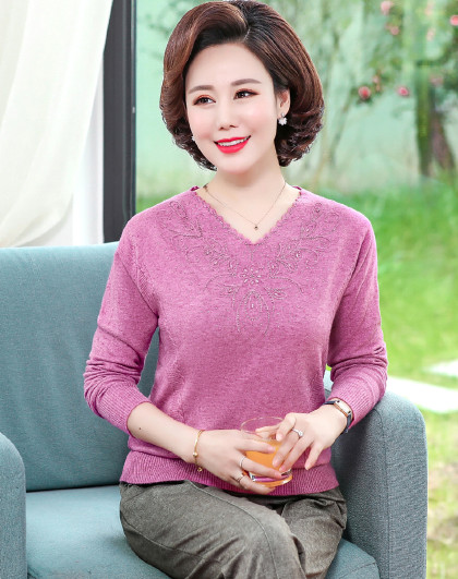 中老年春秋女装长袖上衣春装中年人针织打底衫洋气妈妈款毛衣