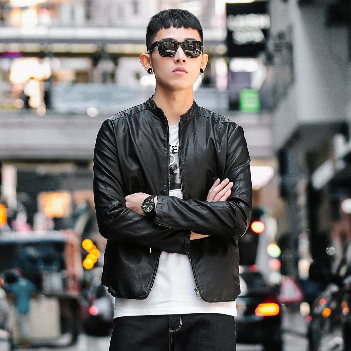春秋冬新款机车服修身韩版帅气立领男士夹克男士外套皮衣男士皮衣