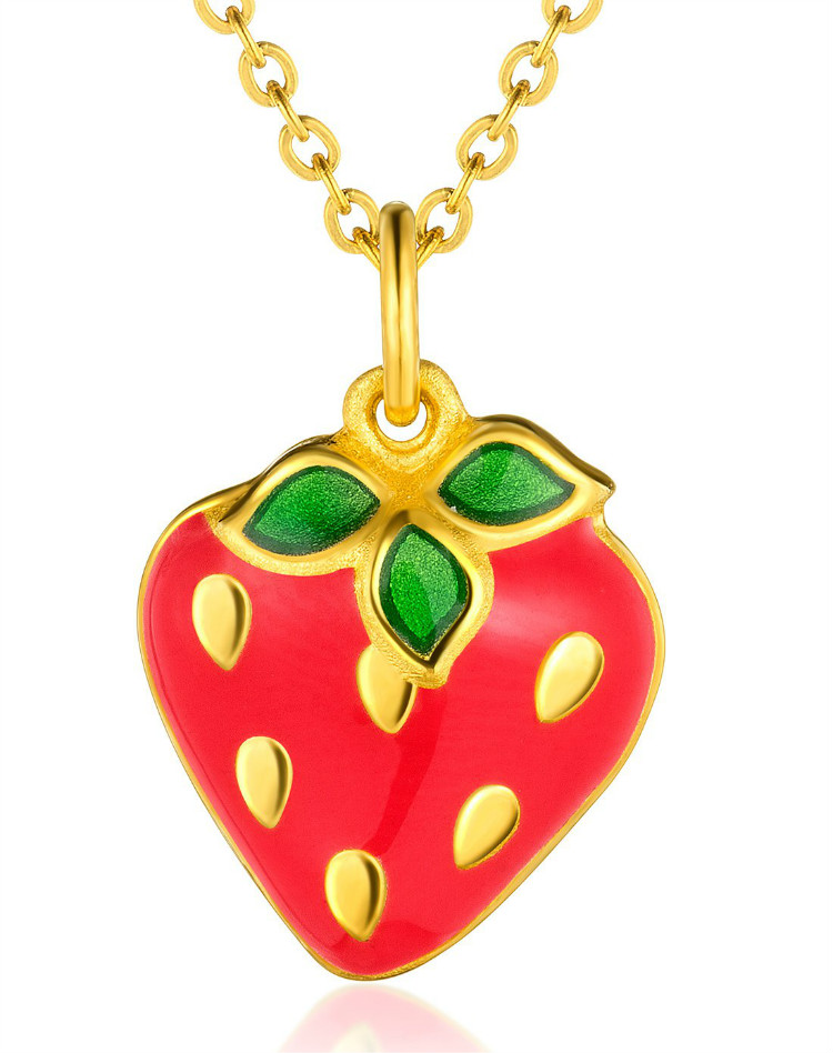 六福珠宝黄金珐琅工艺水果系列草莓足金吊坠 /不含链