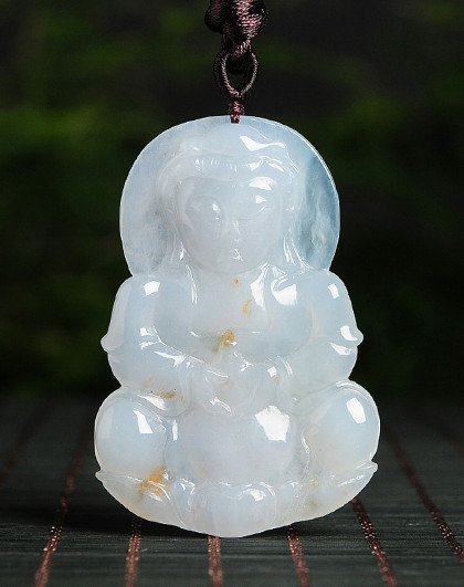 a货玉观音翡翠吊坠 缅甸冰糯种洒金玉菩萨项坠挂件配证附证书