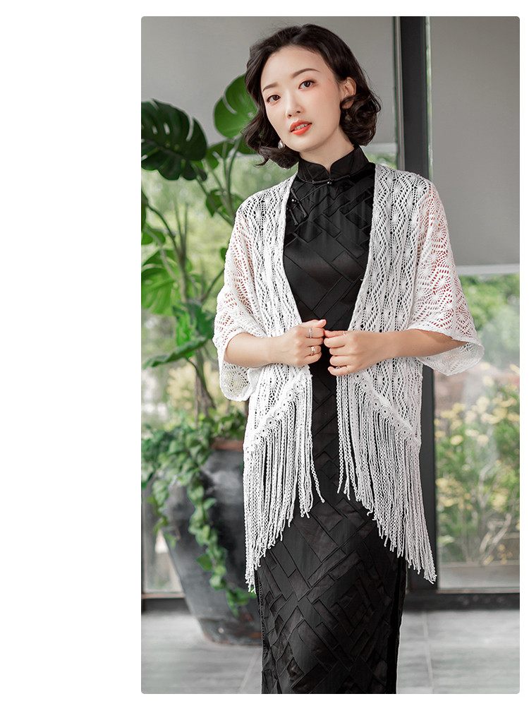 云槐 春秋新款旗袍外搭小披肩流苏下摆文艺蕾丝简约百搭开衫外套