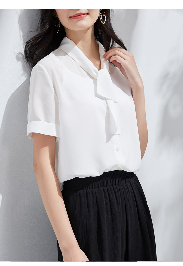 夏季飘带v领雪纺衫纯色百搭短袖雪纺简约通勤女士衬衫