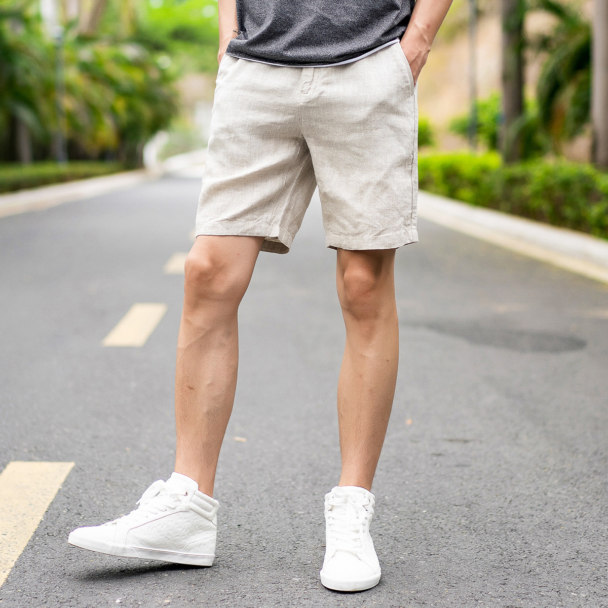 轻薄透气天然亚麻抽绳马裤夏季薄款男短裤男士休闲裤男士短裤男