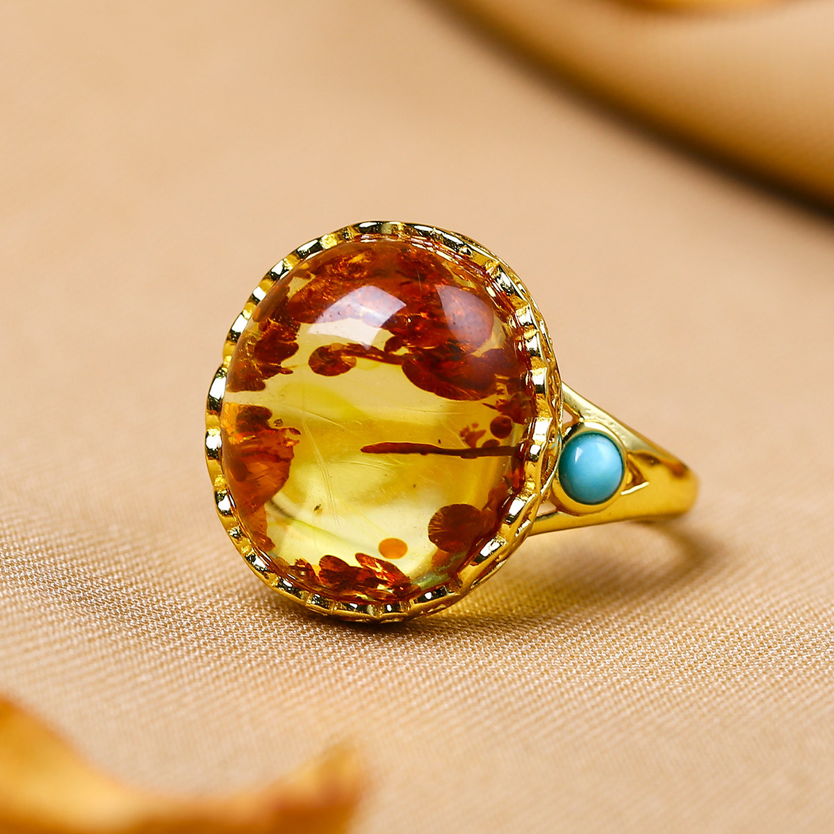 爱华尚 精致镂空镶边花珀戒指 天然琥珀活扣戒指女戒 附证书