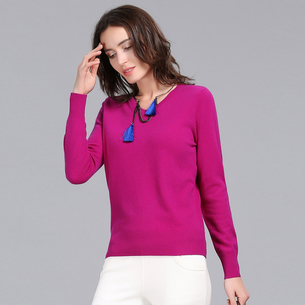恩佐秋冬修身纯羊绒衫纯色v领休闲甜美女毛衣