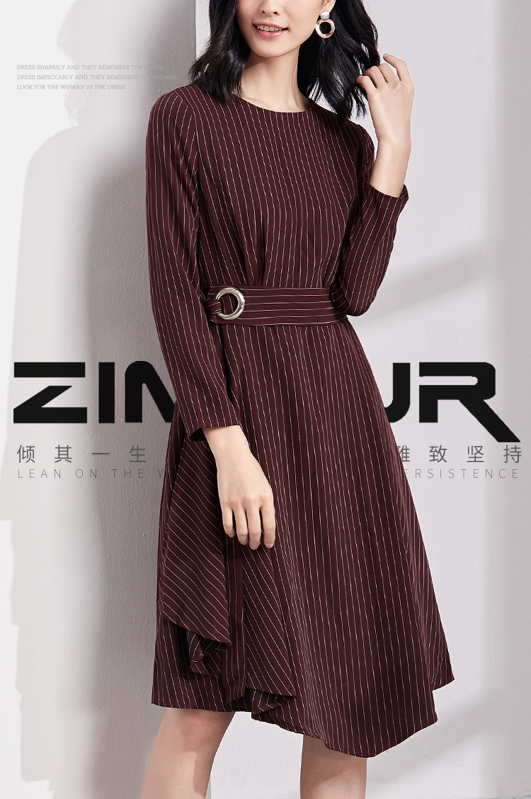 春秋长袖环扣腰带修身大摆气质优雅长袖知性连衣裙子女