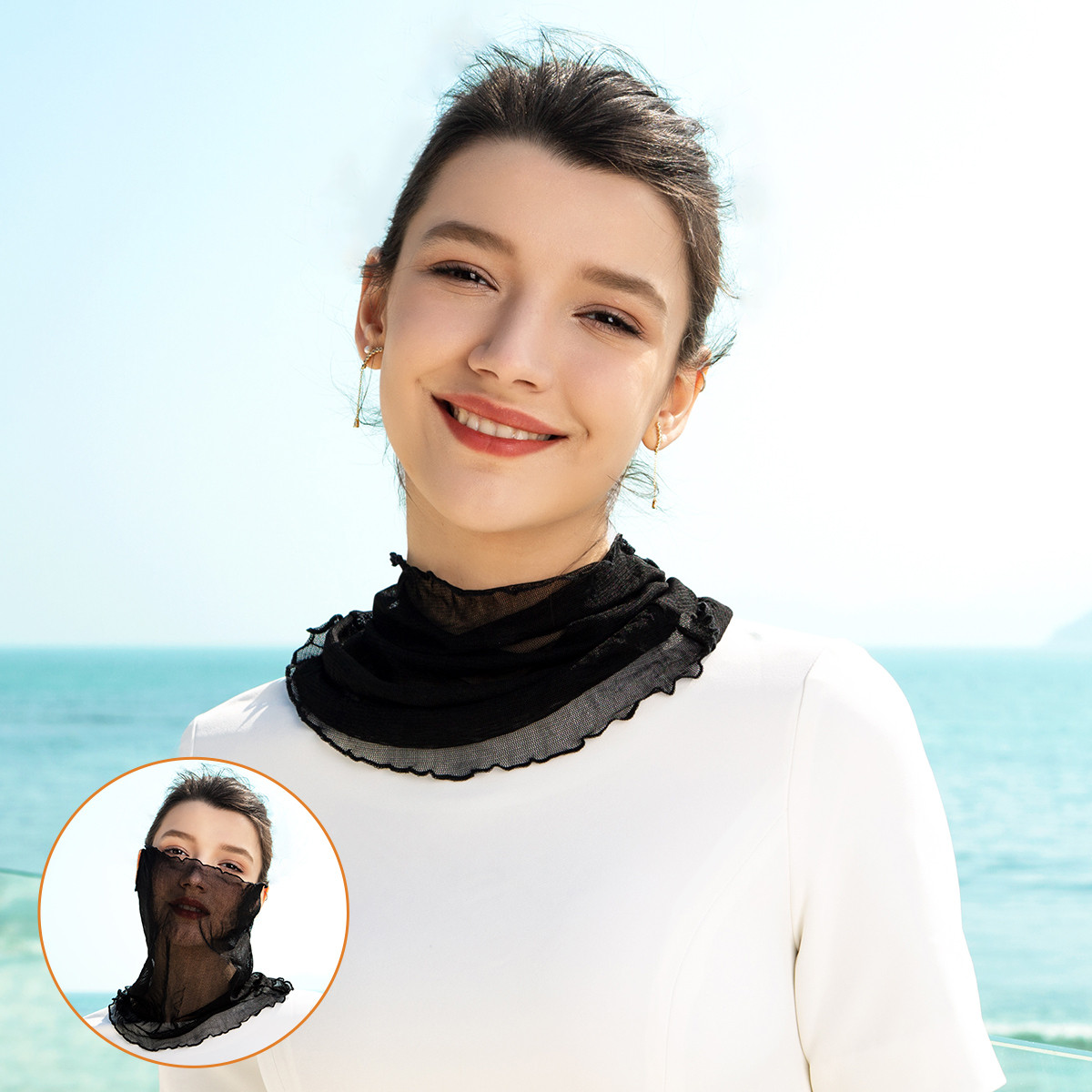 女款弹力木耳花边真丝桑蚕丝多功能护脖防尘脖套围脖口罩