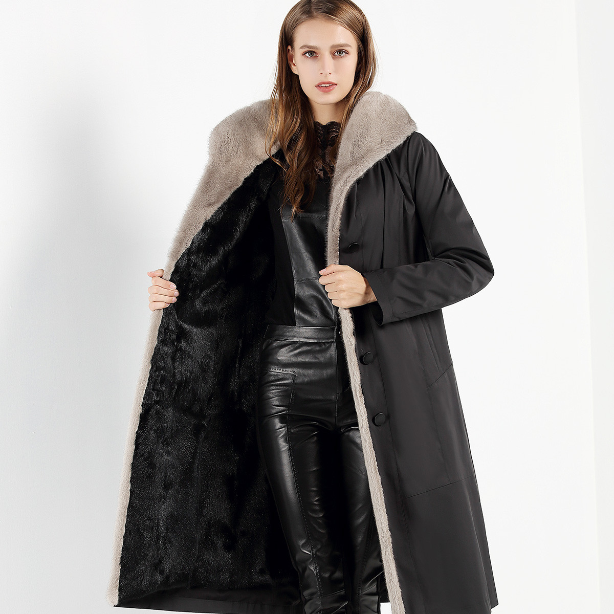 女款水貂毛连帽可脱卸内胆皮毛一体派克服皮草外套
