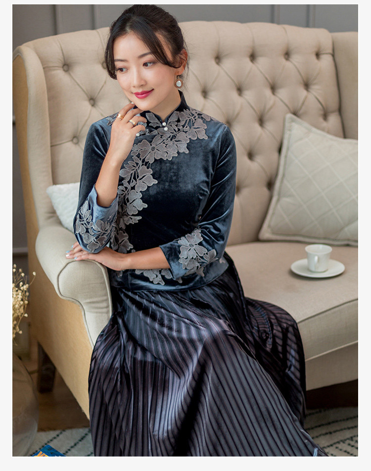 亦菲 春秋新款中国风复古质感丝绒知性气质名媛宴会短款旗袍上衣