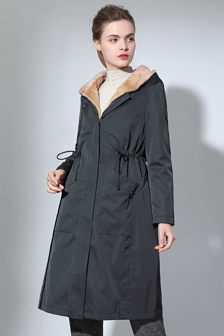 今典奢华水貂毛领连帽可脱卸水貂毛整貂内胆派克服女式皮草外套