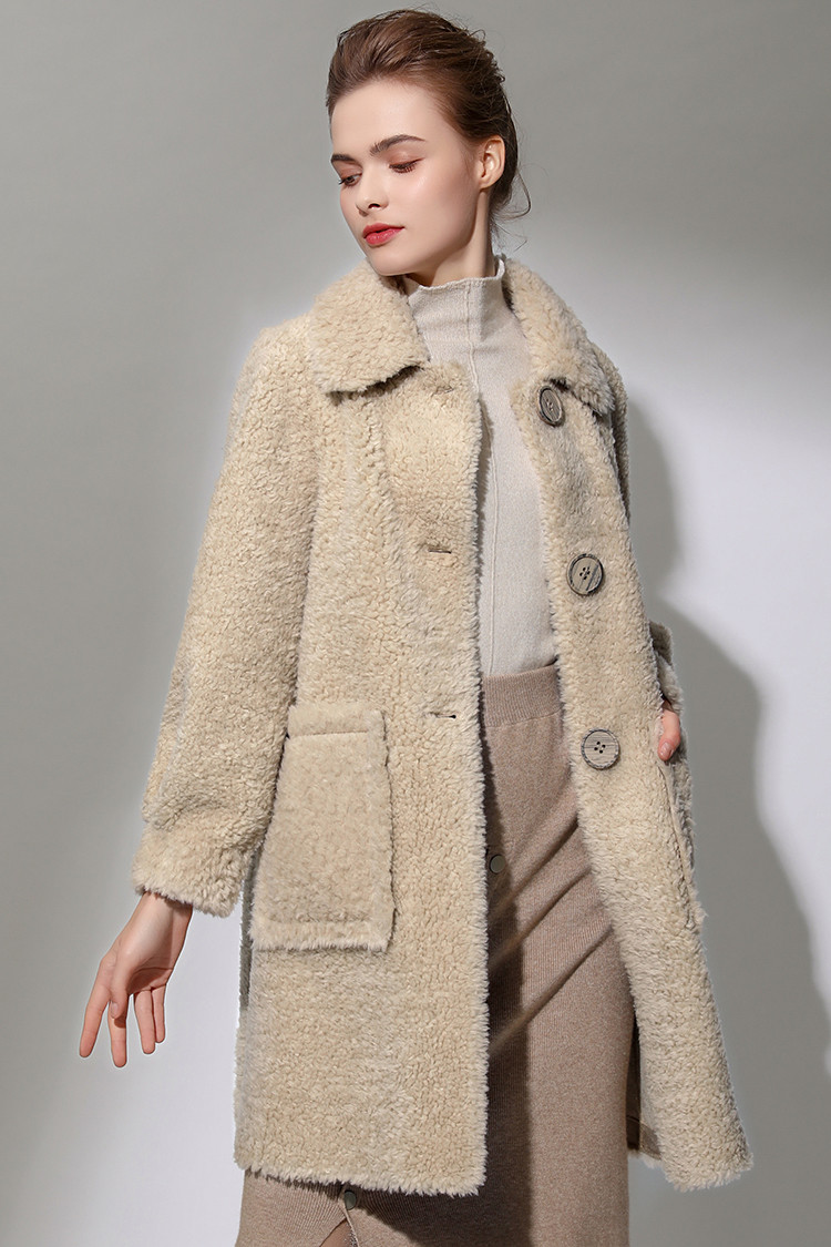 女款翻领100%羊毛颗粒绒复合皮毛一体皮草外套