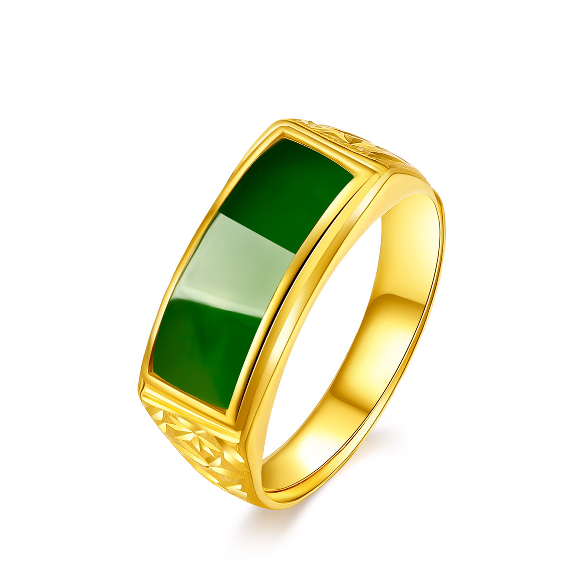 周六福足金和田碧玉男款活口金镶玉戒指指环 活口