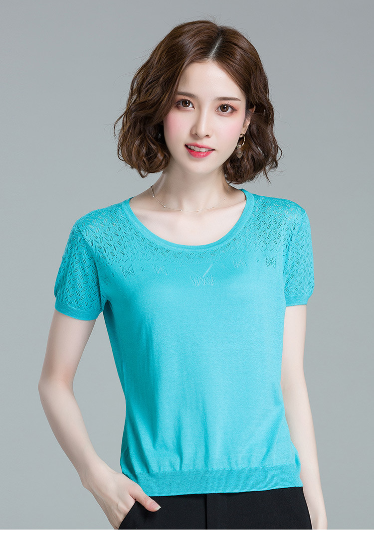 冰丝针织衫女夏装新款桑蚕丝宽松短袖t恤女纯色真丝上衣
