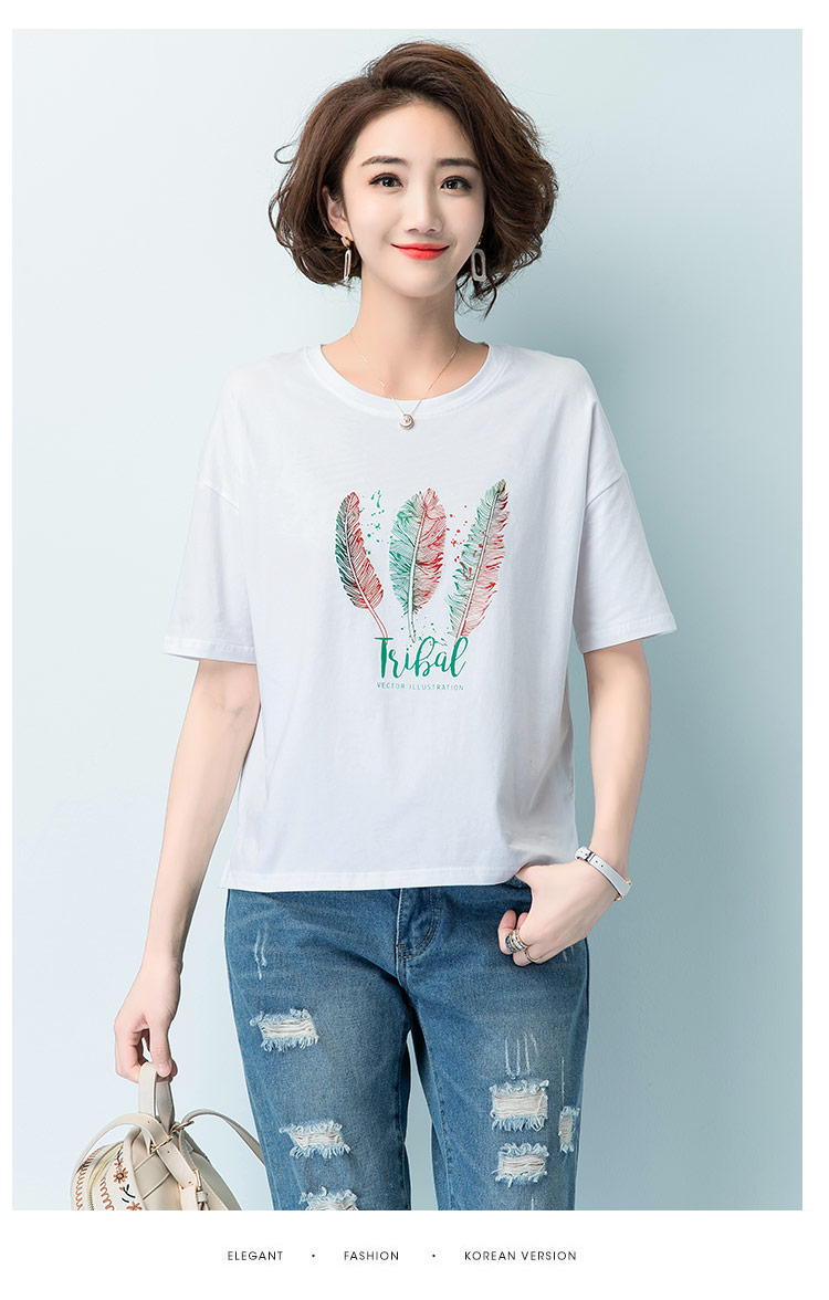 【大码女装】夏季新款时尚树叶印花图案简约舒适时尚百搭显瘦t恤