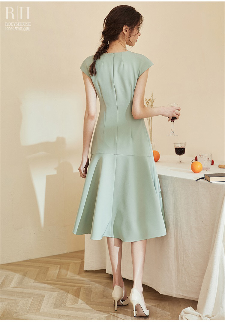 罗衣秋款气质豆绿色短袖中长裙子优雅大摆淑女连衣裙子