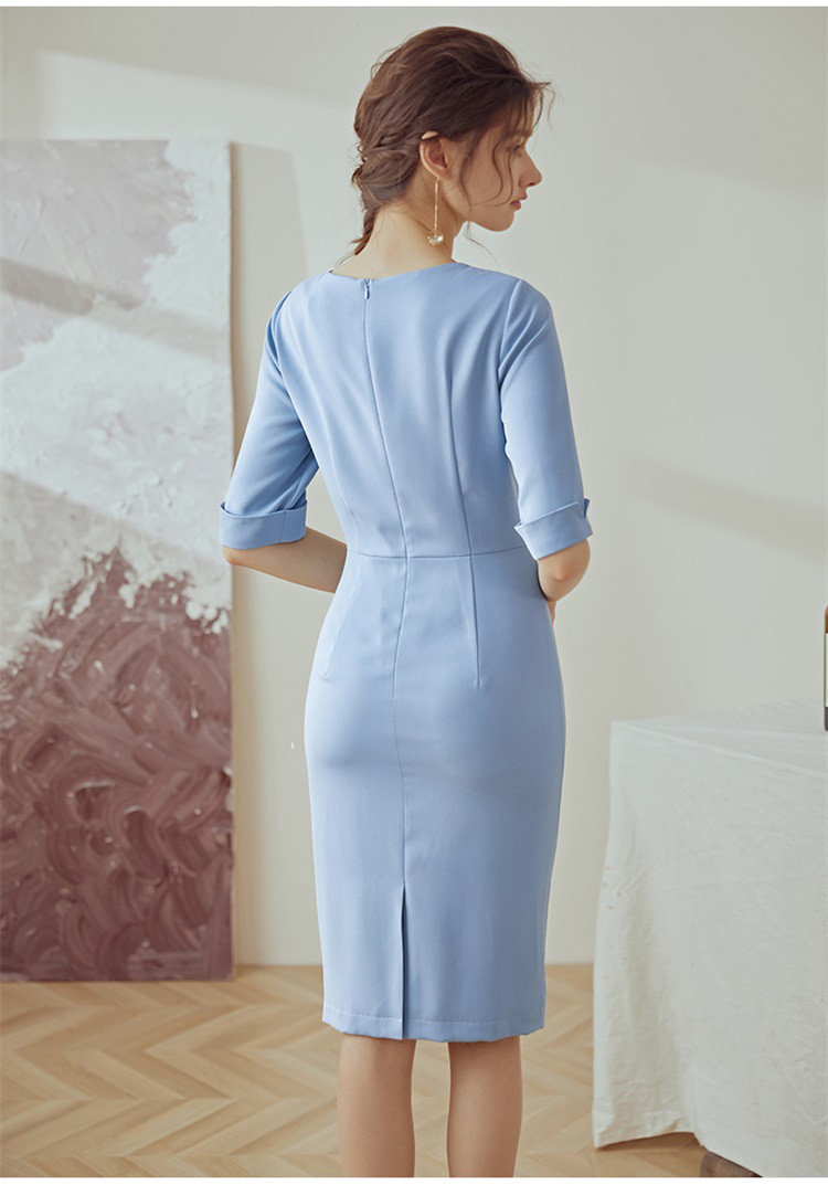 罗衣褶皱收腰时尚五分袖灰蓝色连衣裙女裙子