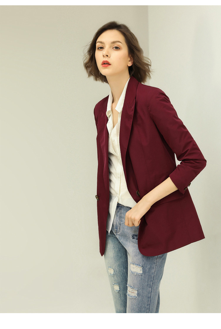 酒红色一粒扣休闲西装女简约戗驳领西服外套ct1024b