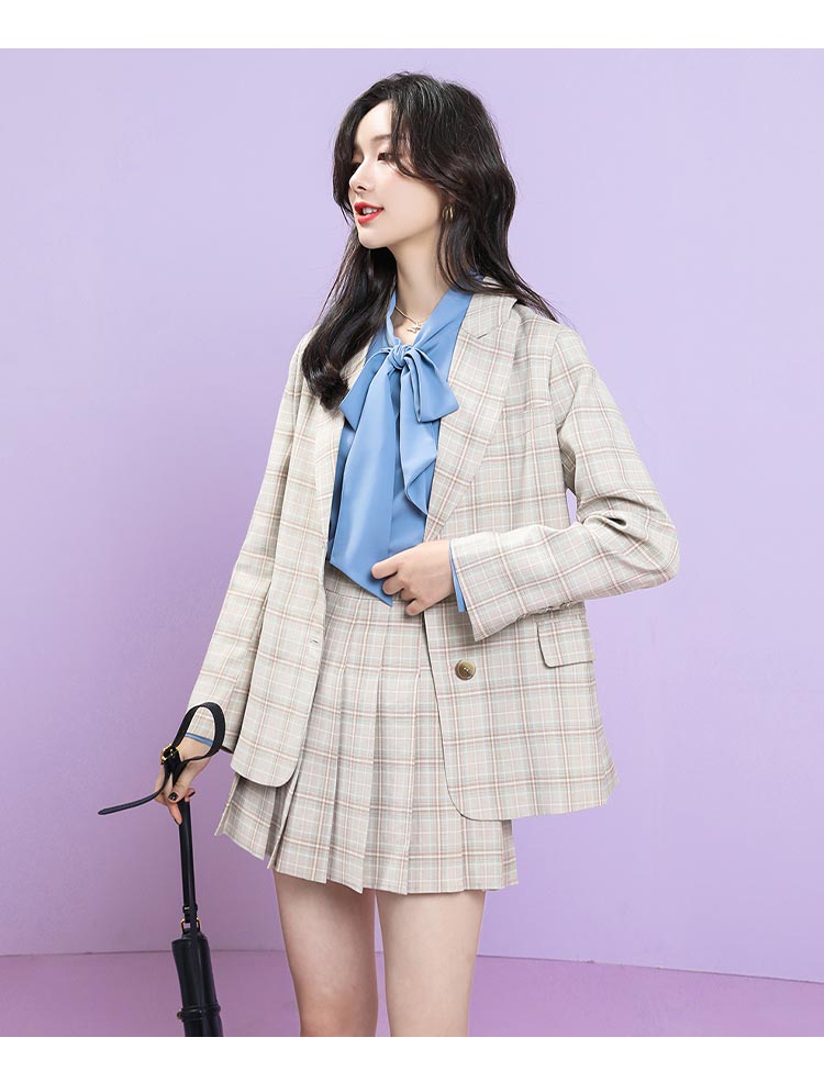 【2020秋季新款】法式格子西服外套百褶裙短裙通勤女士西服套装