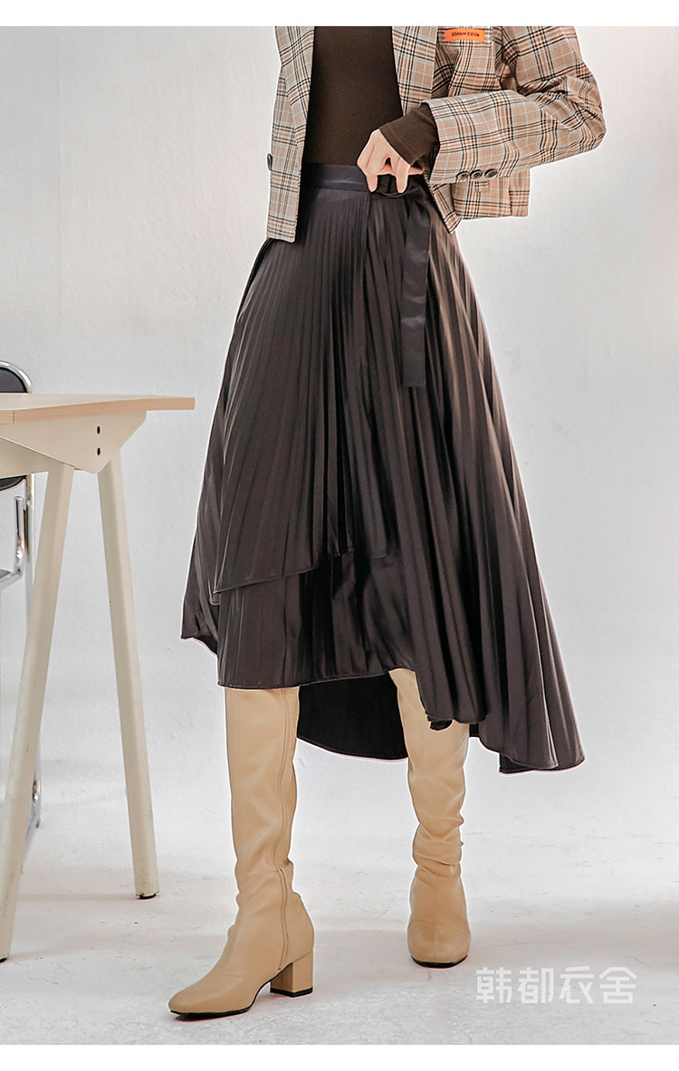 春季女式百褶裙不对称个性中长款高腰百搭半身裙