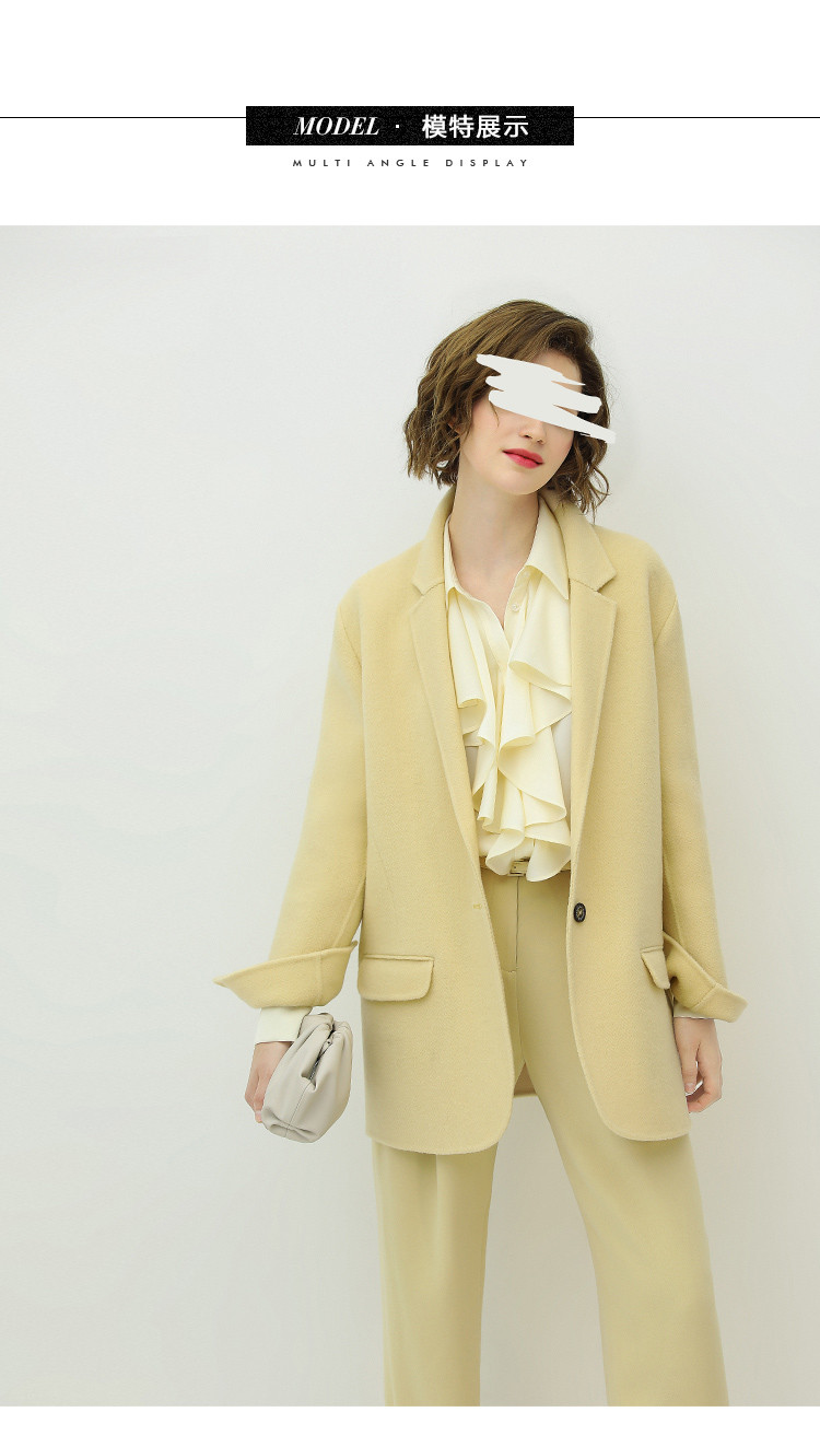 香草黄手工双面羊毛短款大衣女休闲毛呢外套ct1226